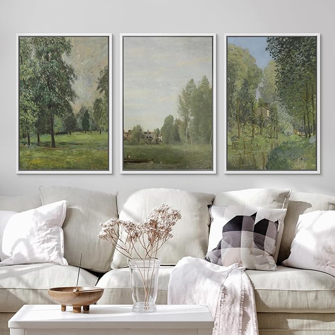 Ashbrook Framed Canvas Print Wall Art Set Fine Art Watercolor Emerald Green Forest Landscape Nature Wilderness Illustrations Floral Botanical Minimal Calm/Relax for Bedroom - 24"x36"x3 White