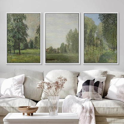Ashbrook Framed Canvas Print Wall Art Set Fine Art Watercolor Emerald Green Forest Landscape Nature Wilderness Illustrations Floral Botanical Minimal Calm/Relax for Bedroom - 24"x36"x3 White
