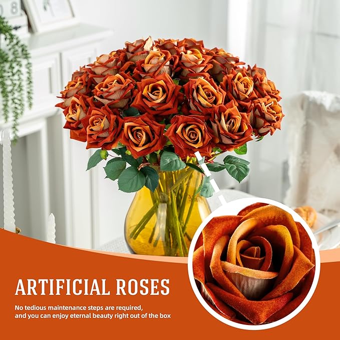 Fake Roses Faux Flowers Silk Roses Artificial Roses with Stems Realistic Artificial Flowers 16.5In Suitable for Indoor Home Decoration DIY Bouquet Wedding Decor Party Decor 24PCS (Orange)
