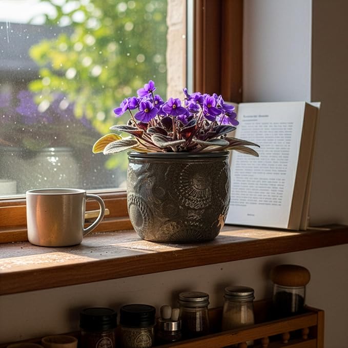 6.5” Ceramic Self Watering African Violet Planter with Embossed Floral Design – Durable Indoor Plant Pot for Orchids, Succulents, and Houseplants