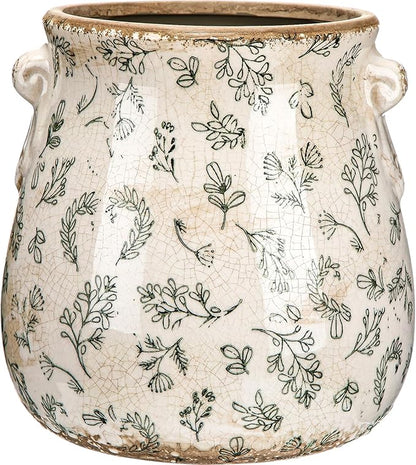Ceramic Scroll Planter 6.5 Inch Chinoiserie Floral Vase with Drainage Holes Vintage Flower Vase Flower Pot Rustic Ceramic Pots for Indoor Plants Garden Home Bookshelf Decor(Leaves)