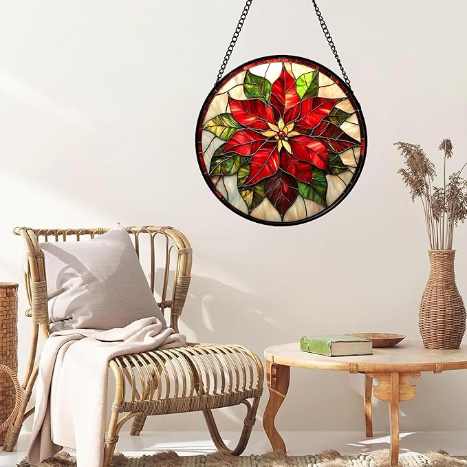 Stained Glass Window Hanging - Red Poinsettia Birth Flowers Suncatcher for Door Garden Yard Sun Catchers Decor Christmas Mother's Day Birthday Gifts for Women Mom Nana Teacher Friend 6.3 in