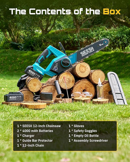 SEESII Electric Chainsaw Cordless 12-inch, Handheld Chain Saws with a 4.0Ah Battery, Tree Saw with Tool-free Chain Tension, Auto Oiling for Wood Cutting Trimming Branch