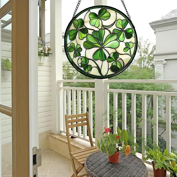 Stained Glass Window Hanging - Ireland Green Lucky Clover Suncatcher for Doors Garden St. Patrick's Day Sun Catchers Decor Mother's Day Birthday for Women Men Mom Nana 7.8 in