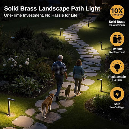 Gardenreet Solid Cast Brass Pathway Lights, 12v Landscape Path Light Outdoor Waterproof, Electric Walkway Lights Wired, L-Shape Antique Bronze Garden Lawn with 3W 3000K Soft White G4 Bulb (6 Pack)