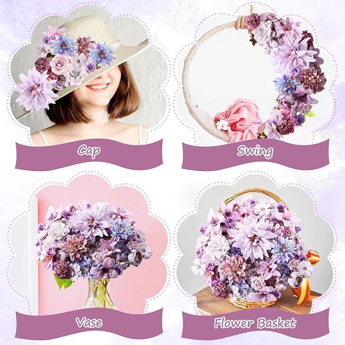 80 Pcs Assorted Fake Flower Heads Mini Artificial Flower Heads Bulk Silk Faux Daisy for Crafts Fake Peony Rose for Wedding Party Wreath Home Decoration(Purple)