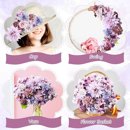 80 Pcs Assorted Fake Flower Heads Mini Artificial Flower Heads Bulk Silk Faux Daisy for Crafts Fake Peony Rose for Wedding Party Wreath Home Decoration(Purple)