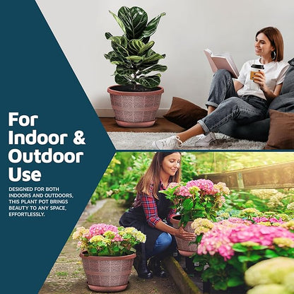 10-Inch Whiskey Barrel Planters Outdoor Pack of 2 - Durable Plastic Plant Pots for Indoor & Outdoor Use with Drainage & Saucer, Lightweight Rustic Barrel Planters for Flowers, Herbs & Small Plants