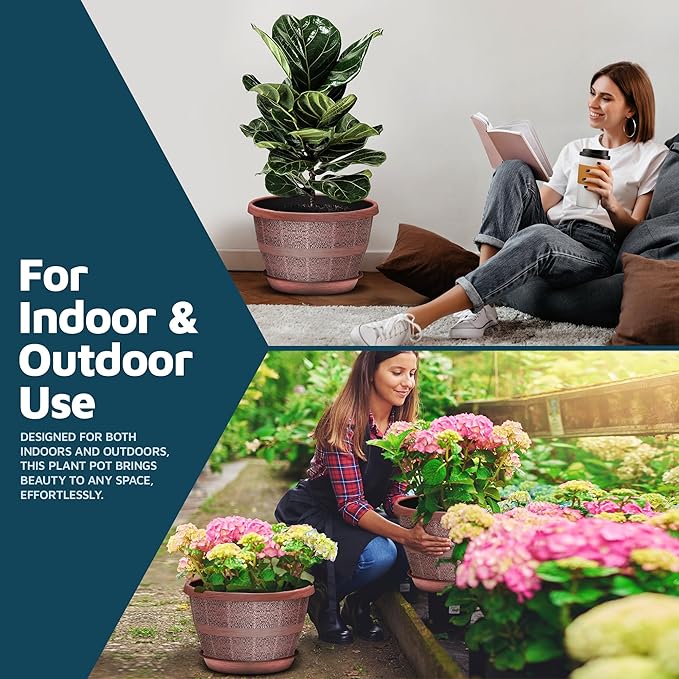 10-Inch Whiskey Barrel Planters Outdoor Pack of 20 - Durable Plastic Plant Pots for Indoor & Outdoor Use with Drainage & Saucer, Lightweight Rustic Barrel Planters for Flowers, Herbs & Small Plants