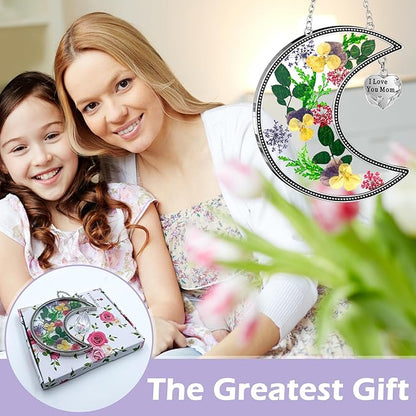 KY&BOSAM Moon Suncatcher Mom Gifts Stained Glass for Window Hangings Wind Chimes Decor with Pressed Real Flower and Metal I Love You Mom Heart Charm Birthday Gift for Women Mother`s Day Christmas