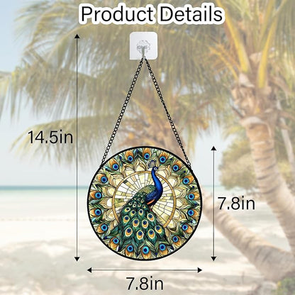 Stained Glass Window Hanging - Retro Peacock Decoration Suncatcher for Door Garden Home Bird Feather Sun Catchers Christmas Mother's Day Birthday Gifts for Women Men Mom Nana Friend 7.8 in