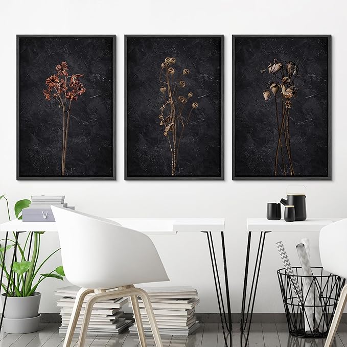 Ashbrook Framed Canvas Print Wall Art Set Dark Moody Wildflowers Nature Wilderness Illustrations Modern Art Decorative Floral Botanical Minimal Calm/Relax/Cozy for Bedroom - 16"x24"x3 Black