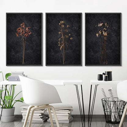 Ashbrook Framed Canvas Print Wall Art Set Dark Moody Wildflowers Nature Wilderness Illustrations Modern Art Decorative Floral Botanical Minimal Calm/Relax/Cozy for Bedroom - 16"x24"x3 Black