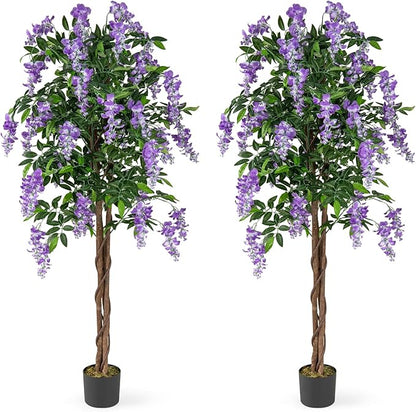 Goplus 5.5FT Ficus Artificial Tree, 2 Pack Faux Wisteria Tree in Nursery Pot with Blooming Flowers, Fake Potted Tree Greenery Floor Plant for Indoor Home Office Porch Living Room Decor