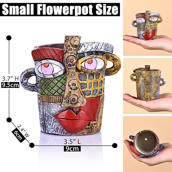Mini Face Planters Pots Head, Abstract Colorful Graffiti Cute Mini Pots for Plants with Drainage, Ideal for Indoor Outdoor Unique Planters for Plants (Old Color)