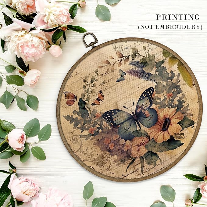 MAQIKA Vintage Butterfly Flower Framed Wall Art Decor, Butterfly Bathroom Decor, Botanical Floral Round Wall Hanging Decor, Retro Butterflies Canvas Prints Wall Art for Bedroom Home, 10x10 Inch