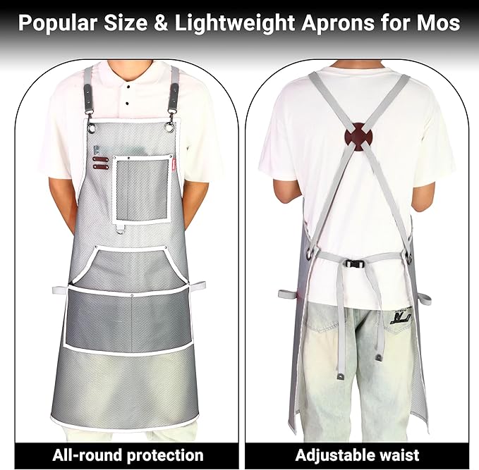 Waterproof Work Apron for Chefs, Hair Stylists, Artists, Gardeners, Adjustable, Multi-Pockets, TPU Mesh Fabric, Plus Size