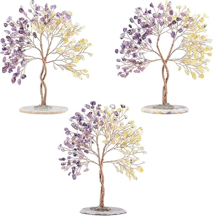 mookaitedecor Handmade Citrine & Amethyst Crystal Tree with Agate Slice Base, Bonsai Money Tree of Life for Wealth and Luck, Feng Shui Home Decor
