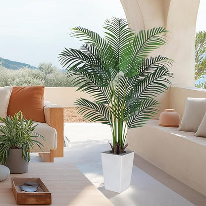 Artificial Palm Tree with White Tall Planter, 5ft Tall Potted Artificial Silk Palm Tree Plant, Fake Tropical Plant, Home Office Floor Room Decor Plants Indoor Outdoor, Housewarming Gift