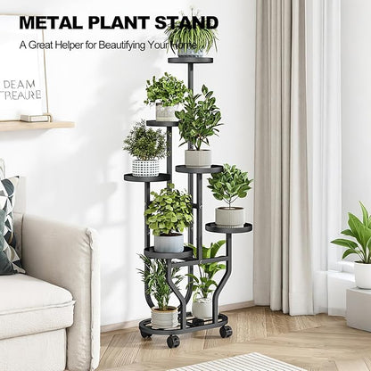 Plant Stand with Wheels 6 Tier Metal Flower Shelf for Indoor Outdoor Corner Multiple Plants Holder Rack for Bedroom Living Room Garden Balcony Yard Black (Black, 6 Tier)