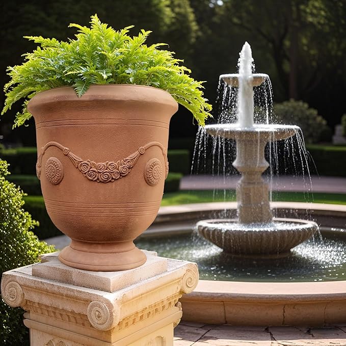 Worth Garden Large Urn Planter - 14" Dia x 16.5" H Lightweight Magnesium Oxide Plant Pot with Cement Texture - Rust-Like Finish Concrete Urn Planter with Drainage Hole for Indoor & Outdoor Decor