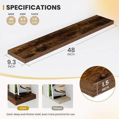 48 Inch Floating Shelves, 9.3" Deep Floating Shelf Wall Mounted, 48" Wall Shelves, Rustic Deep Bookshelf, Large Display Shelves & Storage Shelves for Bedroom, Living Room, Brown, Set of 1