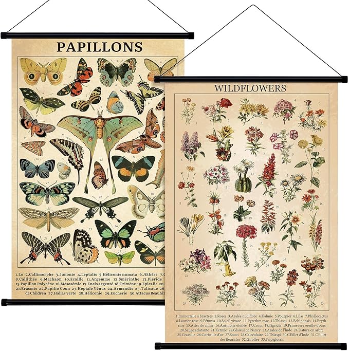 Geosar 2 Pcs Vintage Mushroom Flower Butterfly Tree Poster Fungus Rustic Wall Hanging Illustrative Reference Chart Poster for Bedroom Living Room, 15.7 x 23.6 Inch (Butterfly,Flower)