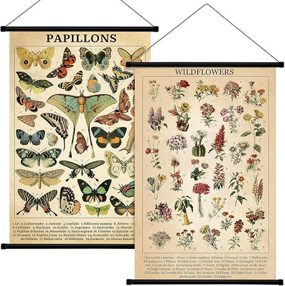 Geosar 2 Pcs Vintage Mushroom Flower Butterfly Tree Poster Fungus Rustic Wall Hanging Illustrative Reference Chart Poster for Bedroom Living Room, 15.7 x 23.6 Inch (Butterfly,Flower)