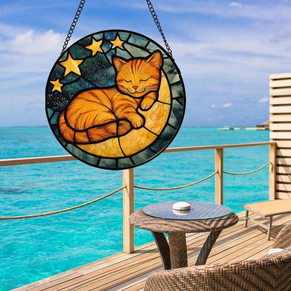 Stained Glass Window Hanging - Orange Cat Sun Catcher for Door Home Decor Stars and Moon Suncatcher Christmas Mother's Day Birthday Loss of a Pet Gifts for Women Men Mom Nana 11.8 in