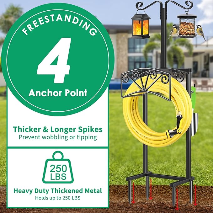 TomCare Garden Hose Holder with 2 Shepherds Hooks Heavy Duty Water Hose Holder Holds 160 FT Hoses Sturdy Hose Reel with 2 Tool Hooks Freestanding Outdoor Hoses Storage Hanger for Outside Yard, Black