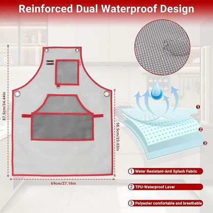 Waterproof Work Apron for Chefs, Hair Stylists, Artists, Gardeners, Adjustable, Multi-Pockets, TPU Mesh Fabric, Plus Size
