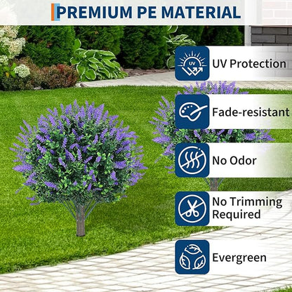 Garvee Set of 2 Artificial Lavender Topiary Ball Trees, 23" H UV Resistant Faux Boxwood Bushes with Ground Spike, Outdoor Fake Shrubs Evergreen Decorative Plant for Indoor Porch Garden Backyard