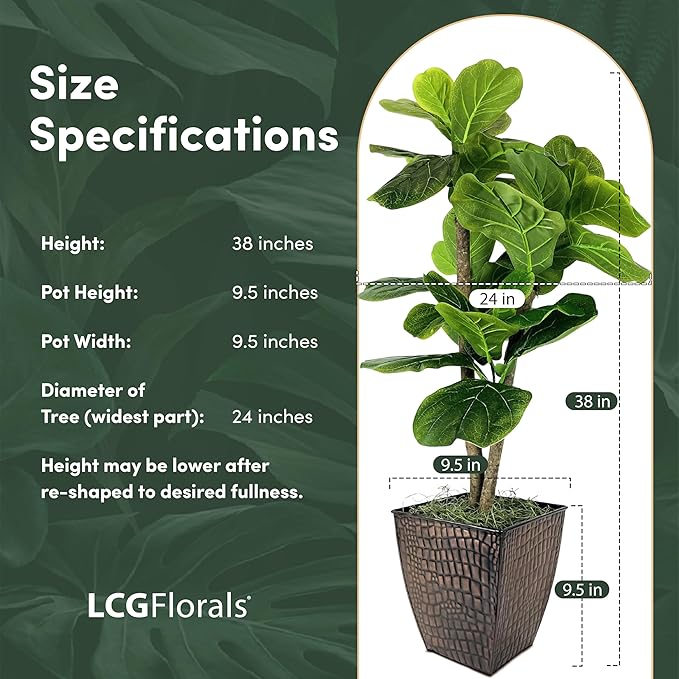 3.2ft Artificial Fiddle Leaf Fig Tree - Real Wood Trunk, Preassembled, No Maintenance Indoor Faux Plant in Copper Metal Pot - Living Room, Home & Office Decor