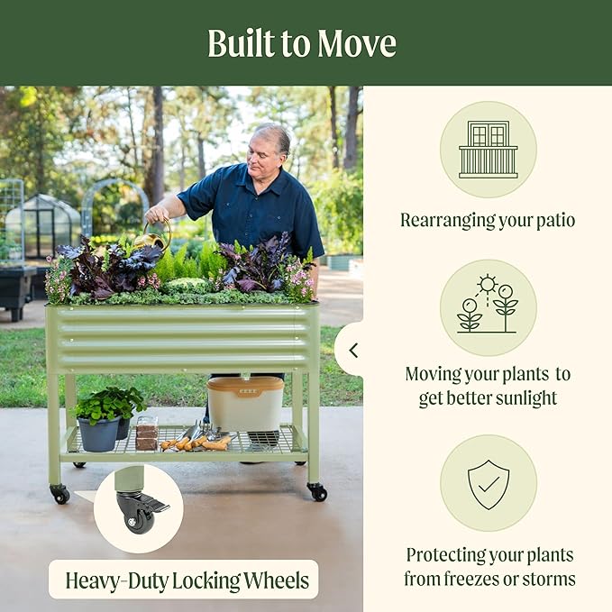 Rolling Elevated Raised Garden Bed-V Series, 2' x 8' Garden Beds with Legs & Storage Rack for Patio & Porch, 1400 Lbs Weight Capacity, Outdoor Planter Box for Vegetables Flower Herbs, Olive Green