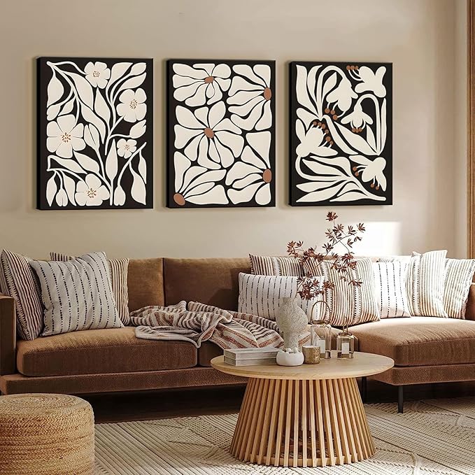 QGNBGBJ Framed Black Boho Flowers Plant Wall Art Abstract Botanical Flower Canvas Poster Vintage Bohemian Neutral Floral Prints Wall Decor Trendy Black Beige Floral Set for Girl Bedroom(16x24in)