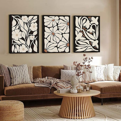 QGNBGBJ Framed Black Boho Flowers Plant Wall Art Abstract Botanical Flower Canvas Poster Vintage Bohemian Neutral Floral Prints Wall Decor Trendy Black Beige Floral Set for Girl Bedroom(16x24in)