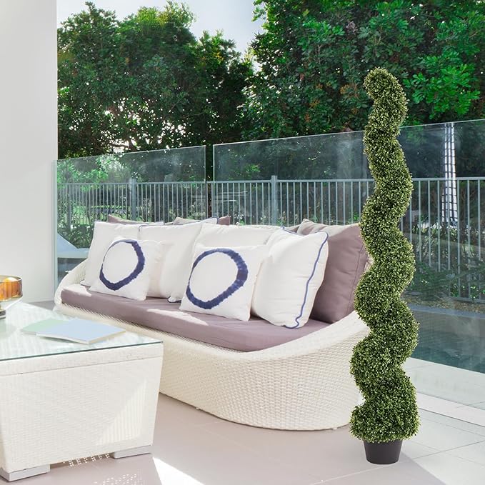 THE BLOOM TIMES 5ft Spiral Topiary Trees Artificial Outdoor Set of 2, Faux Boxwood Plants Outside - All-Year Green Fake Twisted Tree for Garden Front Porch Planter Decor 5 Foot