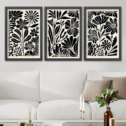 TQianJiang Flower Plant Sign Wall Decor 24"x16" Set of 3 Black And White Botanical Painting Wood Framed for Bedroom Abstract Wildflower Hanging Art (Black)