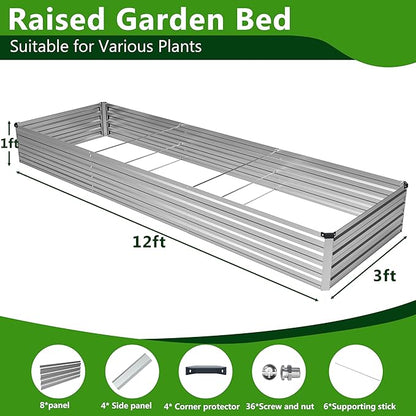 2PCS 12x3x1ft Galvanized Metal Raised Garden Bed Kit,Outdoor Planter Box Vegetables,Flowers,Herbs Durable Rust-Resistant Patio Gardening Beds,Silver