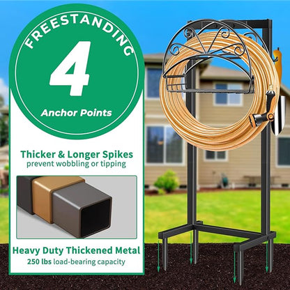 TomCare Garden Hose Holder Upgraded Water Hose Holder with Storage Basket 2 Tool Hooks Heavy Duty 4 Spikes Hose Hanger Holds 160ft Hoses Freestanding Hoses Storage Organizer for Outside Yard