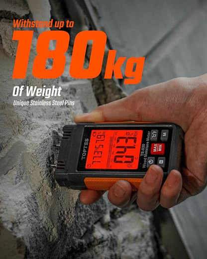 Wood Moisture Meter, TopTes Digital Moisture Meter TS-630, Handheld Humidity Tester with 2.25-inch LCD Display, Tricolor Backlight, Check The Dampness Level on Firewood/Drywall - Orange