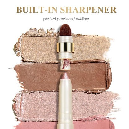 Eyeshadow Makeup Stick, Cream Shimmer, Eyeshadow Highlighter Makeup Eye Brightener Pencil Sticks Cosmetics, with Built-in Brush and Sharpener