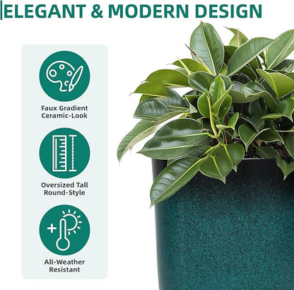 23.75" H Large Tall Outdoor Planters, Set of 2 Plastic Large Flower Pots for Outdoor Plants, Weather-Resistant for Porch, Garden, Patio or Indoor All Season Decor, Gradient Turquoise Finish