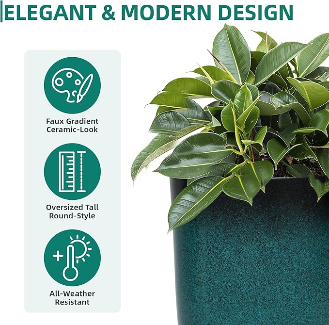 24" Tall Planters Set of 2, High-Density PP Ceramic-Look Outdoor Pots for Plants, Versatile Indoor/Outdoor Flower Pots w/Drainage Hole for Patio Garden Porch & Living Room Decor, Ideal Gift