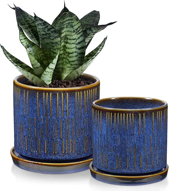 Ceramic Plant Pots with Drainage Holes, Set of 2, 4.3+5.1 Inch Stripe Garden Planter Pots for Outdoor Indoor Plants Flower, Round Succulent Orchid Flower Pot Blue