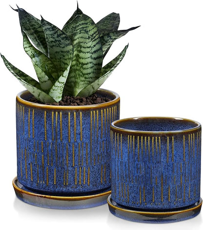 Ceramic Plant Pots with Drainage Holes, Set of 2, 4.3+5.1 Inch Stripe Garden Planter Pots for Outdoor Indoor Plants Flower, Round Succulent Orchid Flower Pot Blue