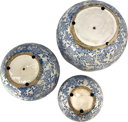 Galt International Ceramic Plant Pots Set of 3 Rustic Vintage Farmhouse Cream Crackle Glaze (11"/ 9.6"/ 7") Garden Indoor Outdoor Flower Planter w/Drainage Hole (Vintage Blue)