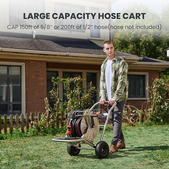 Giraffe Tools Garden Hose Reel Cart with Wheels, Stainless Steel Heavy Duty Water Hose Reel Cart, 200 ft of 1/2 Capacity, Mobile for Outside