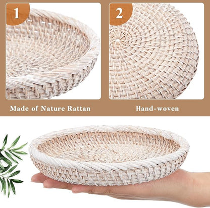 Hushee 3 Pcs Small Round Keys Basket for Entryway Woven Bowl Basket Rattan Wicker Round Tray Organizing for Keys Wallet Cell Phone Tabletop Serving Fruit Food Holder Decorative Table Storage (White)