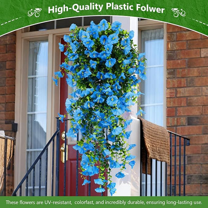 4-Pack Fake Hanging Plants, Faux Hanging Plant Artificial Greenery for Living Room Bedroom Boho Wall Shelf Indoor Outdoor Decor (Blue Morning Glory)
